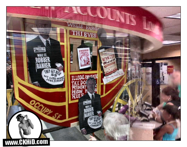 Wells Fargo & Co. Banking graphic, showcasing Hispanic Customers in Line and San Francisco protest collage